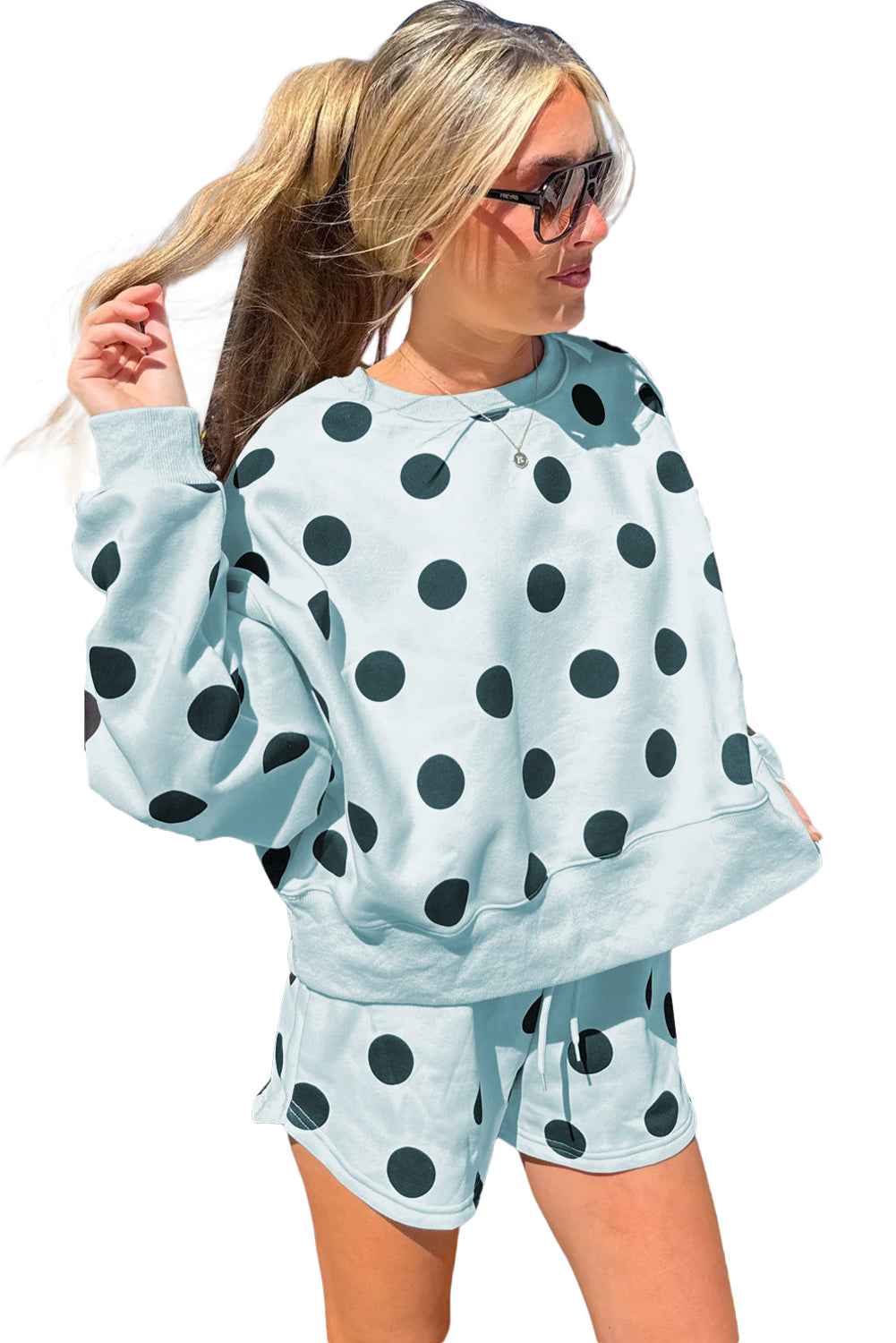 Sky Blue Polka Dot Print Drop Shoulder Pullover Drawstring Shorts Set 248438bd54ba78ad