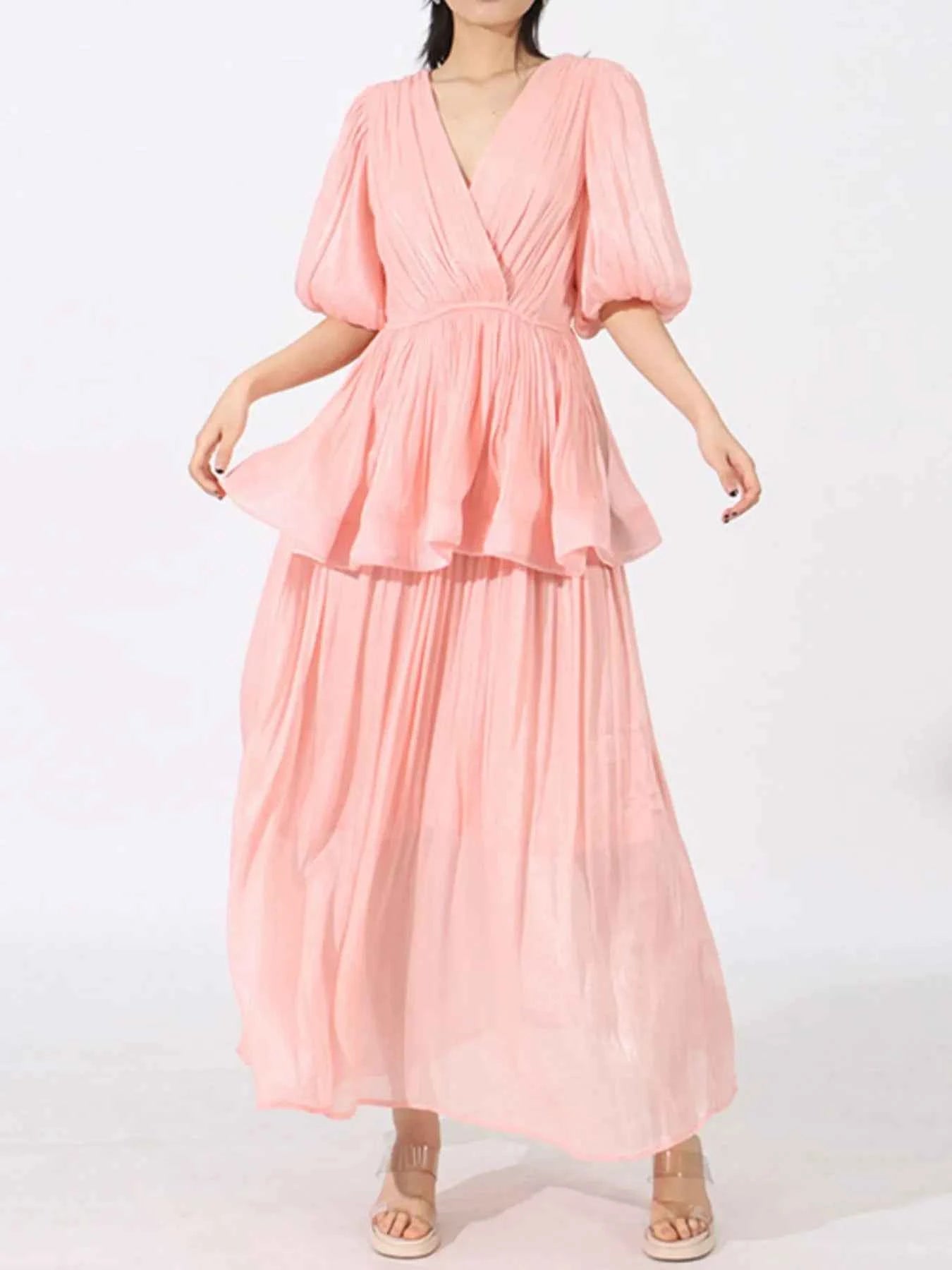 Layered Surplice Puff Sleeve Maxi Dress Pink 248566e0-cffe-4623-bd57-9fbd2d79fea5-Max-Origin