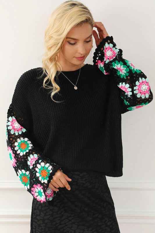 Black Floral Crochet Bell Sleeve Loose Sweater 24864021_0845edc0-81bd-440c-af5c-fb4a2b03e2f4