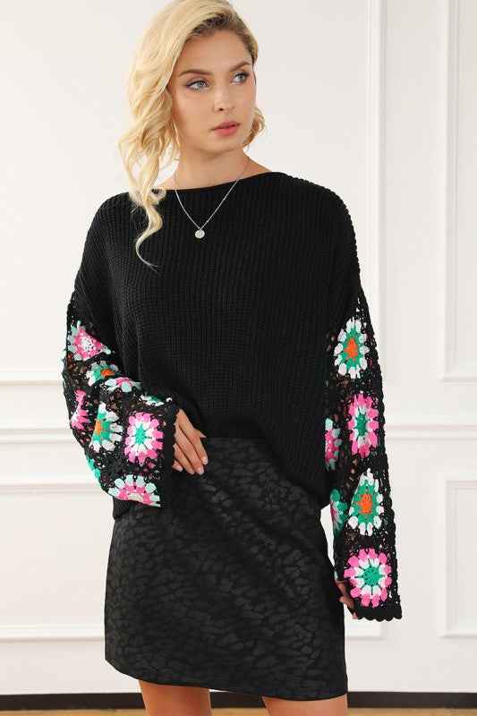 Black Floral Crochet Bell Sleeve Loose Sweater 24864021_4e706405-49a9-4f6a-8d66-45f79d8fc71f