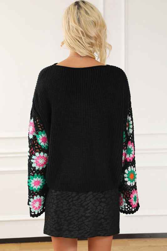 Black Floral Crochet Bell Sleeve Loose Sweater 24864021_552daf1a-d0fa-4da3-a397-d440d16ed6f2