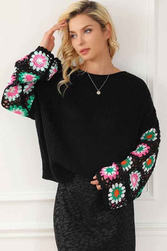 Black Floral Crochet Bell Sleeve Loose Sweater 24864021_810b54c5-8512-4f0b-9e19-0b5b8566c80a