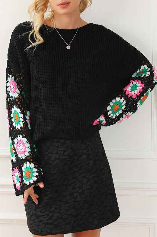Black Floral Crochet Bell Sleeve Loose Sweater 24864021_952ba614-06a1-482c-b474-0afb910cde70