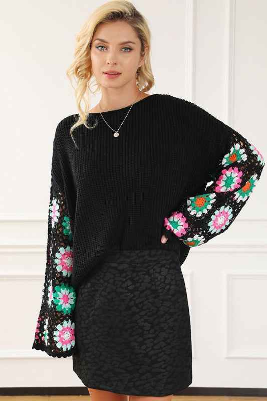 Black Floral Crochet Bell Sleeve Loose Sweater Black 24864021_9d210b80-e9e4-4629-8bff-c5aa4c690372