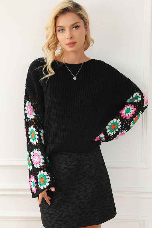 Black Floral Crochet Bell Sleeve Loose Sweater 24864021_e9fa9b21-6057-475a-8290-705745faeaa7