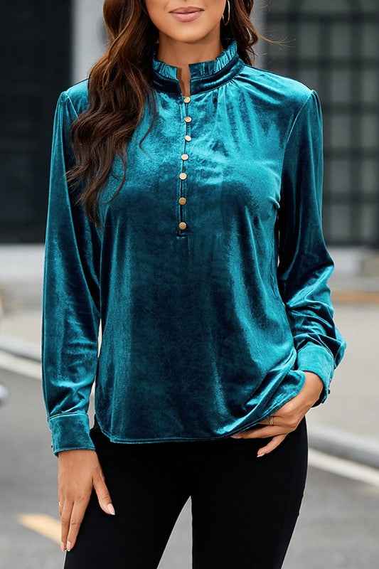 Palm Frilled Neck Buttoned Front Velvet Top Blouse 24903257_356b74f6-4d49-4747-be8e-5811f5301c0f