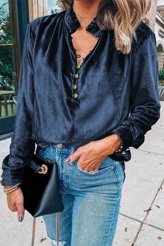 Palm Frilled Neck Buttoned Front Velvet Top Blouse Navy 24903257_4c69b86e-6dfa-44cd-9001-28133116bf93