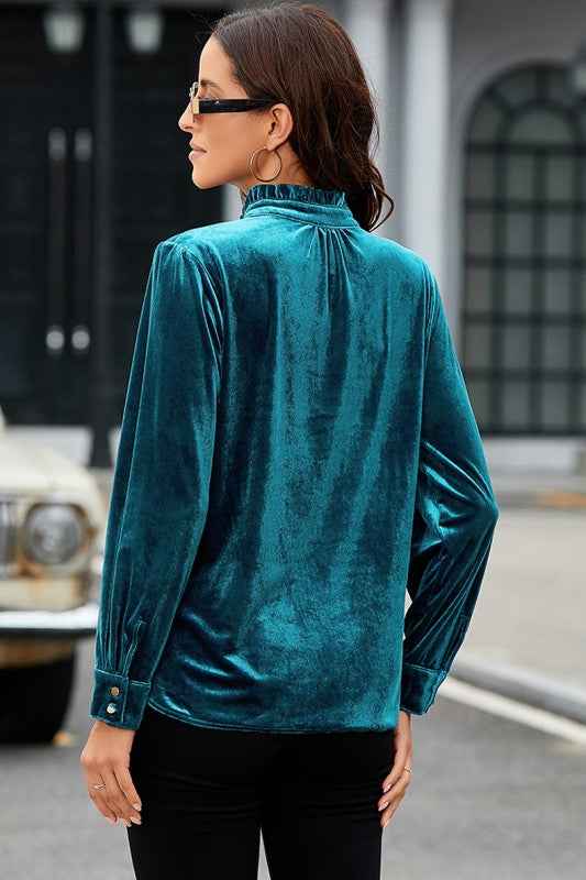 Palm Frilled Neck Buttoned Front Velvet Top Blouse 24903257_54f89cd6-2f0d-43e2-a0cd-907ff3488d28