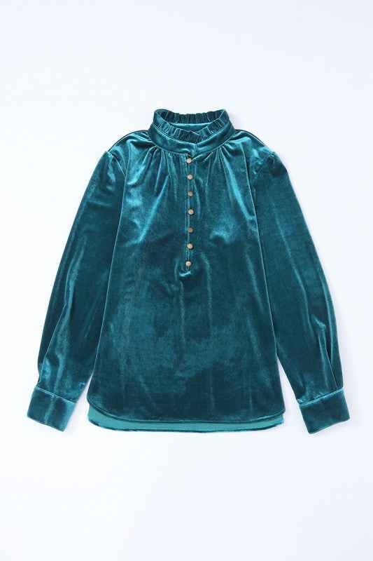 Palm Frilled Neck Buttoned Front Velvet Top Blouse 24903257_67ca8427-7b67-4769-b7bd-2f37deac70d3