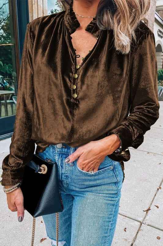 Palm Frilled Neck Buttoned Front Velvet Top Blouse Coffee 24903257_73109129-3c83-4e04-90c1-2e8280c26678
