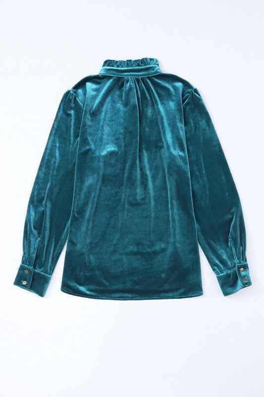 Palm Frilled Neck Buttoned Front Velvet Top Blouse 24903257_9ffcd195-9956-474d-ae05-4bfc97bf976f