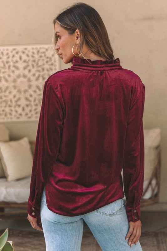 Palm Frilled Neck Buttoned Front Velvet Top Blouse 24903257_e1110c37-d09c-4a3f-be46-68f608fd6654