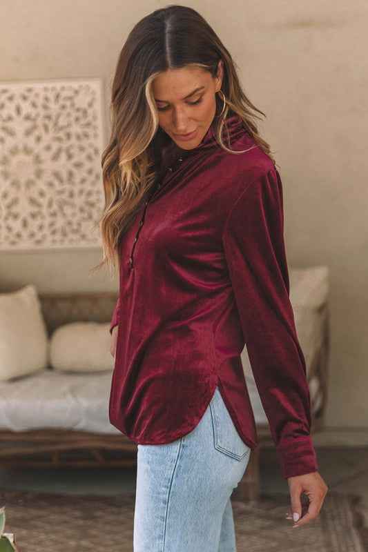 Palm Frilled Neck Buttoned Front Velvet Top Blouse 24903257_eb1a266e-e8e4-4d29-9e35-1d986abb759d