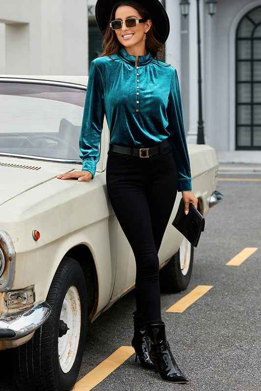 Palm Frilled Neck Buttoned Front Velvet Top Blouse 24903257_fb0acdd2-dae7-4b1b-892e-06db8e8fae20