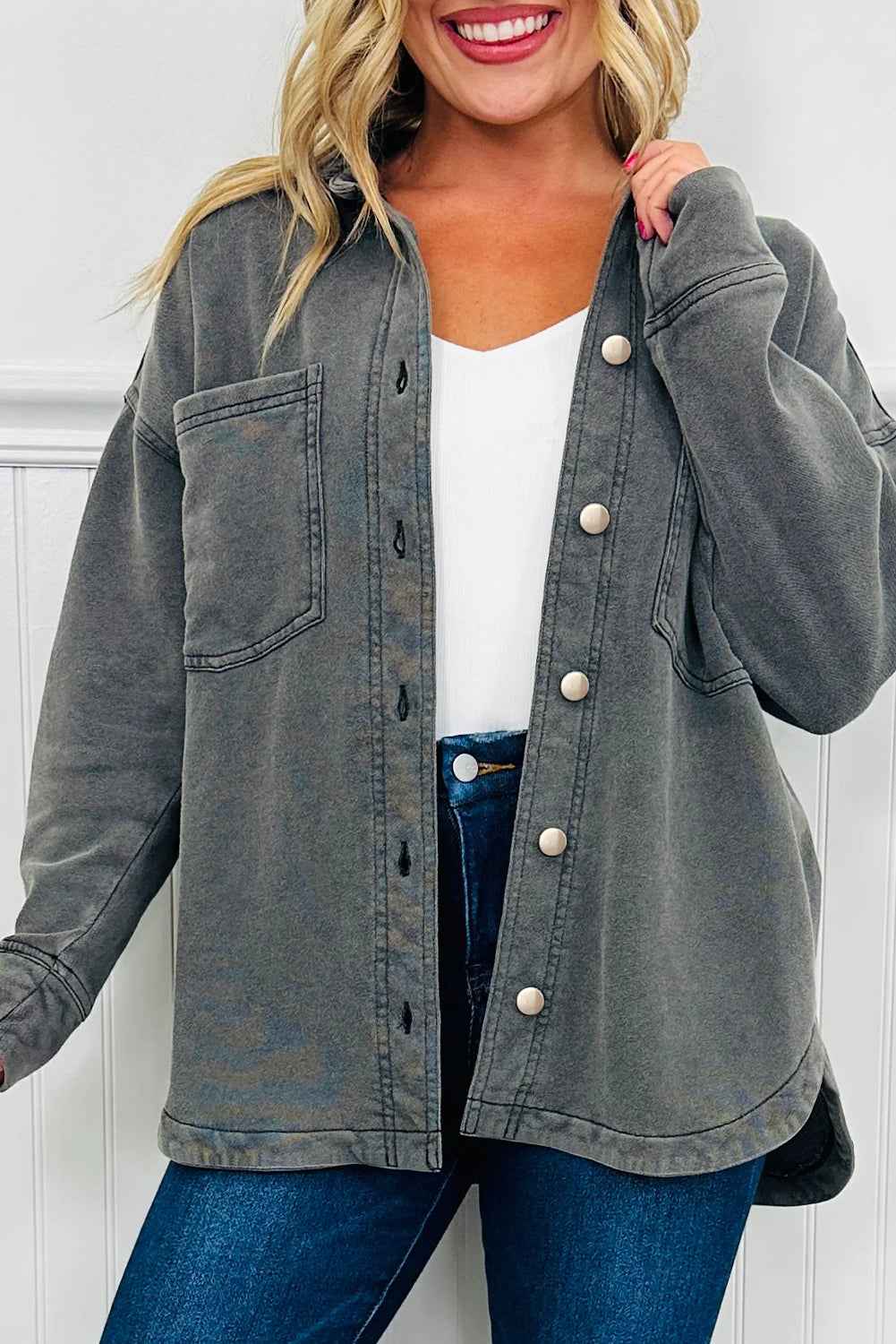 Medium Grey Mineral Wash Chest Pockets Drop Shoulder Shacket with Side Slit 24911ddc43dc0424