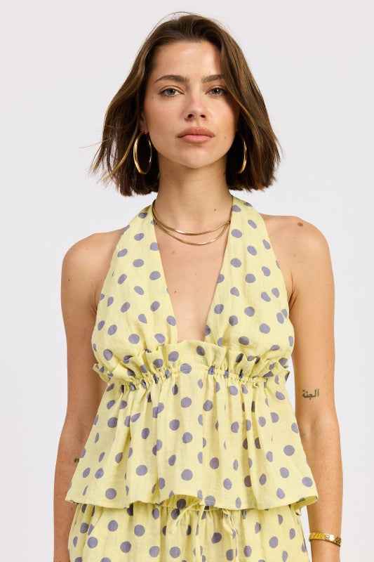 TIE BACK HALTER TOP WITH RUFFLE DETAIL BUTTER YELLOW POLKA 24913799_1f9f1a1b-3355-4024-a3df-5f906063ea7e