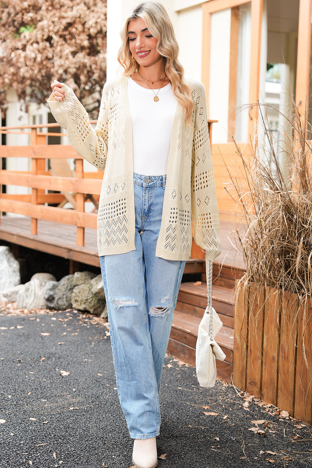 Smoke Gray Solid Color Hollow Knit Cardigan 249183f6256e38f0