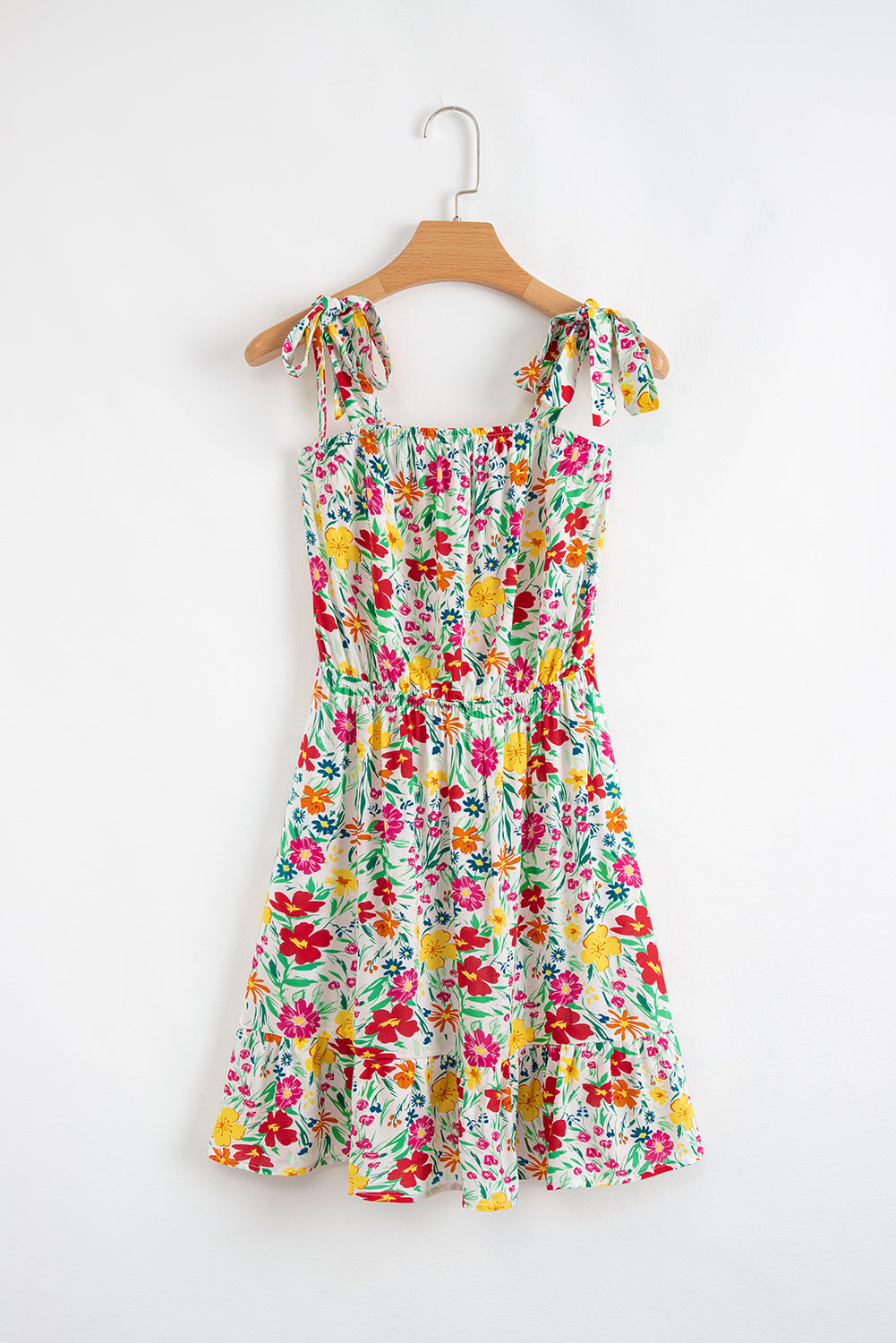 Red Floral Print Knotted Strap Cinched Waist Ruffle Hem Mini Dress 2492b7e83c070ef4