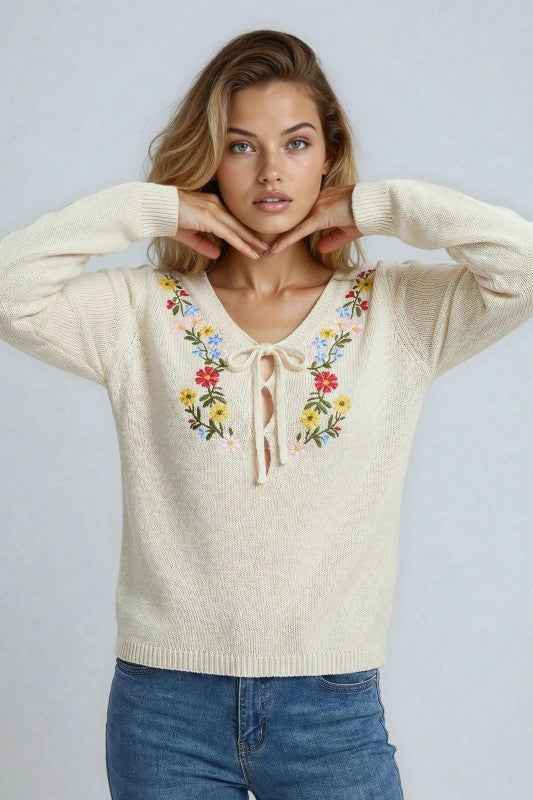 Floral Embroidered V-Neck Sweater Cream 24958312_bb9445be-608b-45f0-9a01-ed0761b23bd5