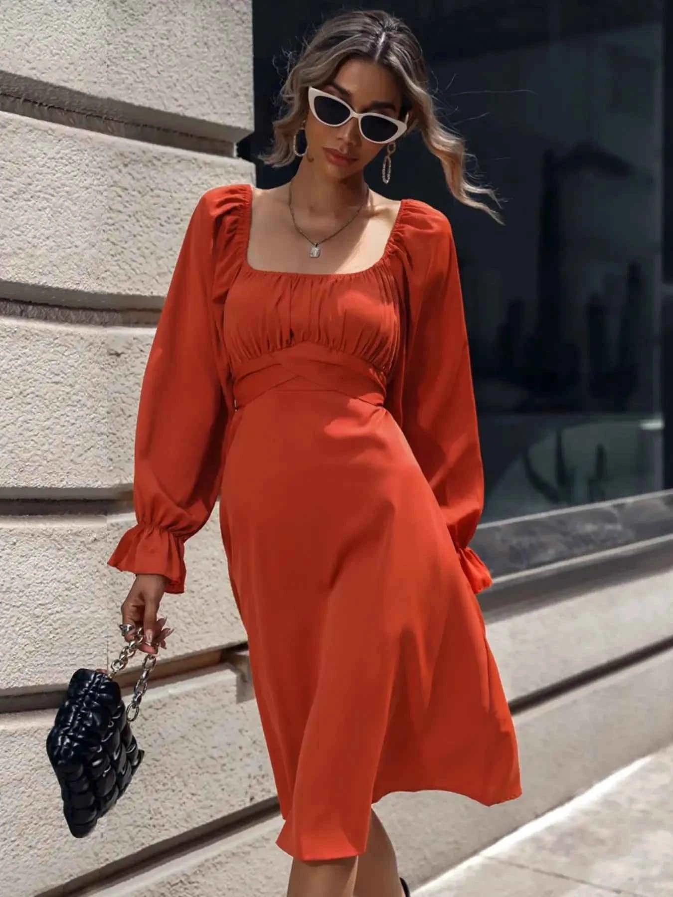 Square Neck Flounce Sleeve Midi Dress 249769f9-9435-4c73-8d00-3429818144e8-Max-Origin