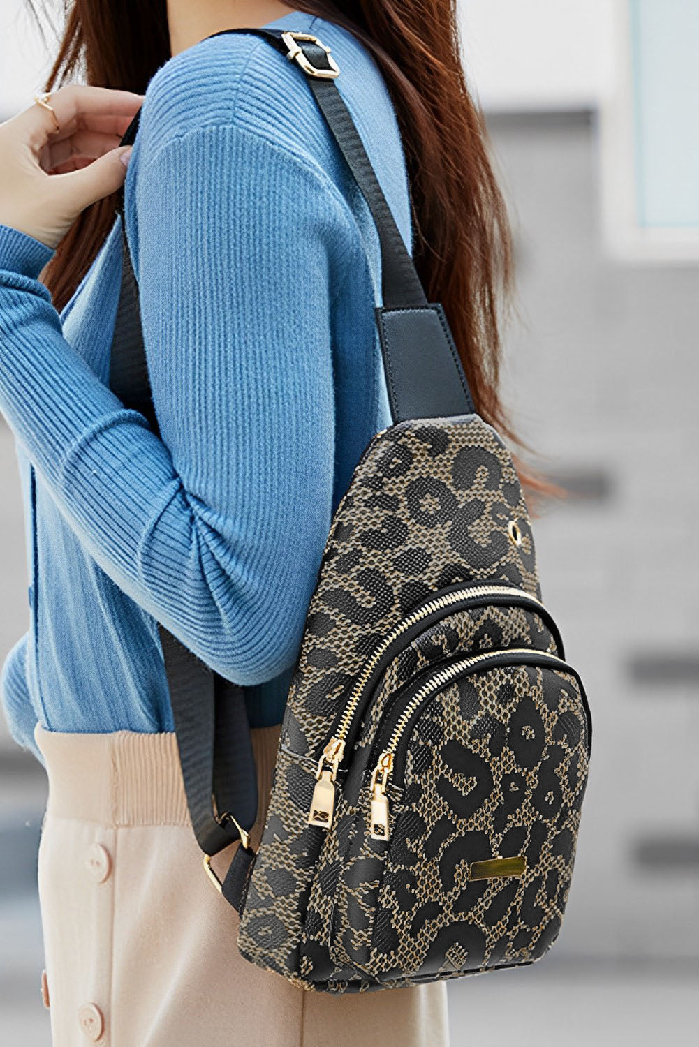 Leopard Printed PU Leather Zippered Fanny Pack Sling Bag 2498dadee6e504cc