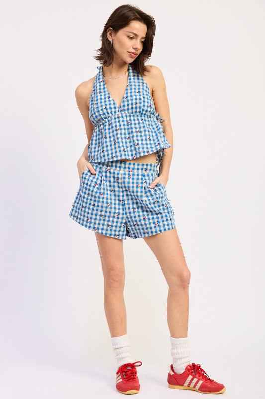 PLAID SHORTS WITH ELASTIC WAIST BAND BLUE WHITE GINGHAM 24996285_7c19efbf-d92c-4f3a-875c-0c8f01227f39