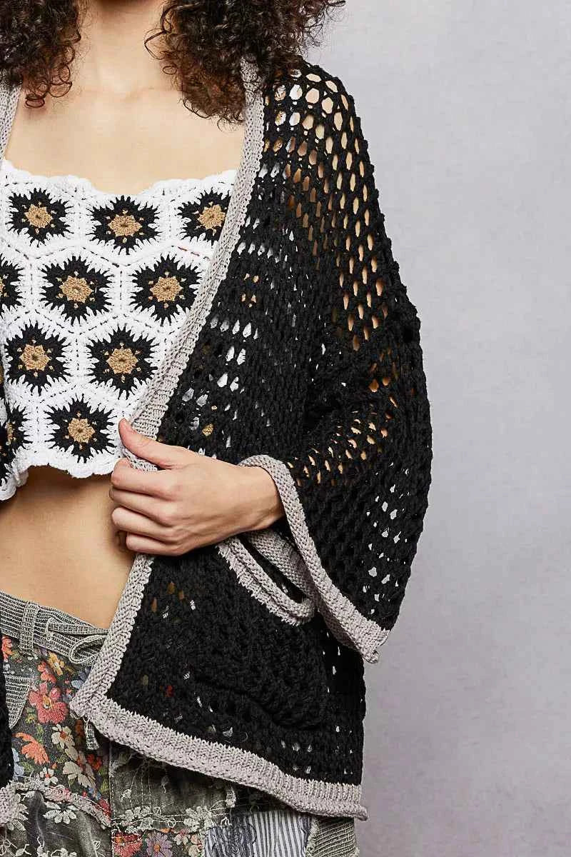 POL Open Front Openwork Cardigan with Contrast Trim 24a73861-ebaa-45a7-9b23-55fdb47debf1-Max-Origin