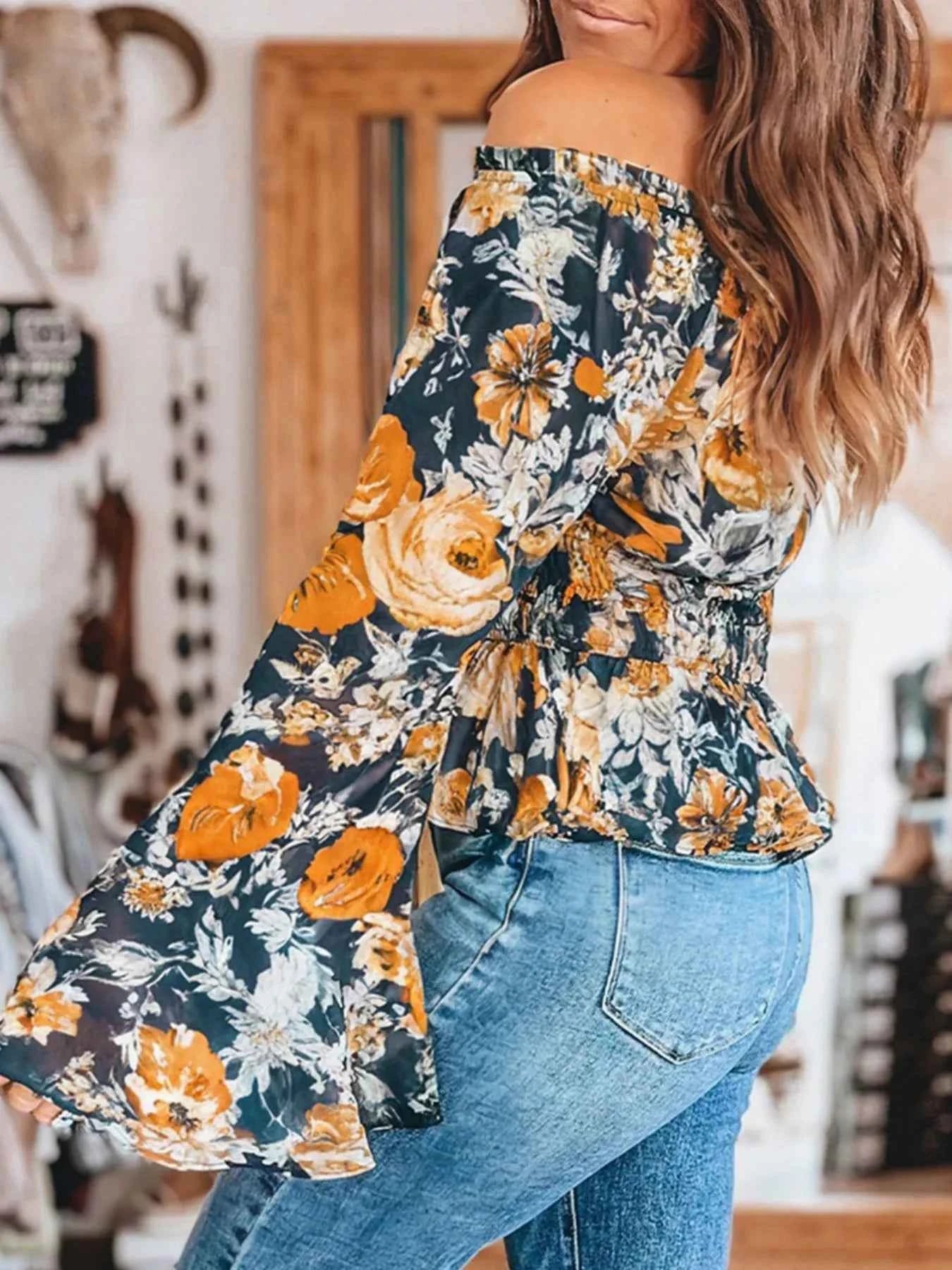 Floral Off Shoulder Bell Sleeve Smocked Peplum Top 24ac0c62-31f5-4c9d-a1c9-93b3565bf357-Max-Origin