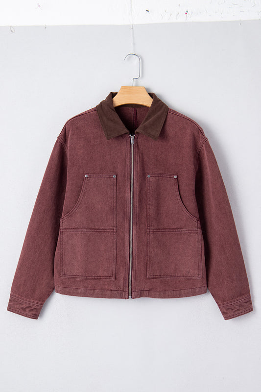 Coffee Corduroy Collar Zipped Front Denim Jacket 24adc6bb65c9956c