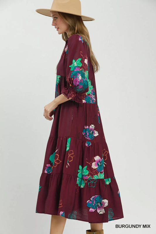 Floral Print Tiered Midi Dress with Puff Sleeves 24b0e072-890d-4a4b-8a95-bcc41180d041-Max-Origin