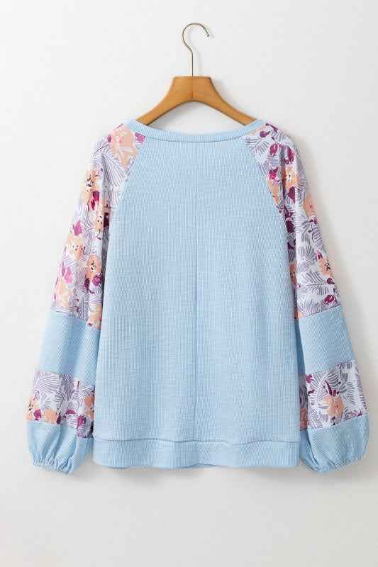 Floral Patchwork Balloon Sleeve Textured Blouse 24b3518c-c622-4158-8633-17664753f1bf