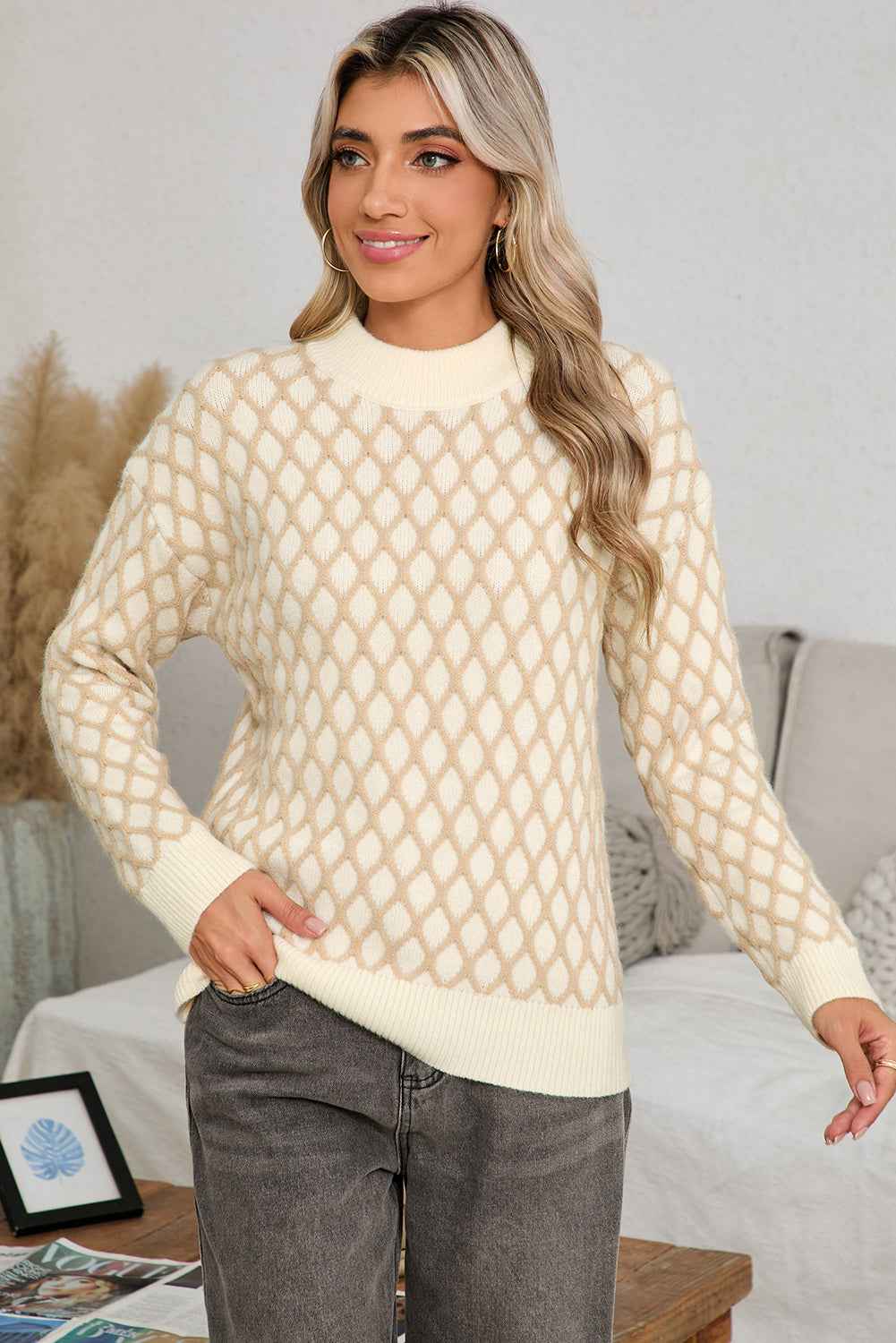 Oatmeal Rhombus Textured Knit Drop Sleeve Sweater 24b851394b1b5e30