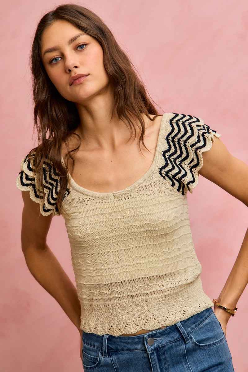 SO ME Wavy Textured Knit Top With Fluttered Sleeves 24d12e4a00554ff7b2ba30fbeefe3548-Max