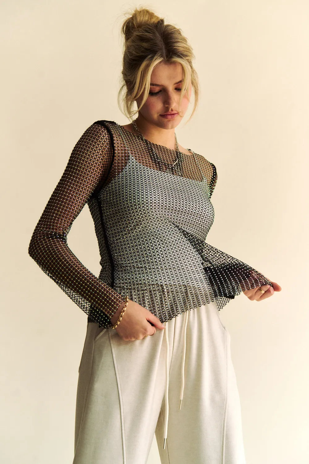 Davi & Dani Sparkling Rhinestone Sheer Mesh Round Neck Top Black 24da913c-8a91-4c33-a200-53720397dcdc-Max