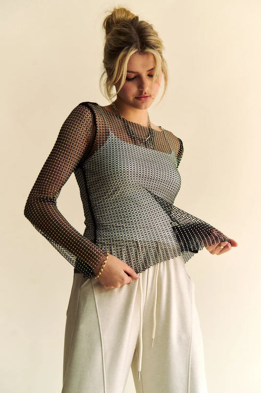 Davi & Dani Sparkling Rhinestone Sheer Mesh Round Neck Top Black 24da913c-8a91-4c33-a200-53720397dcdc-Max