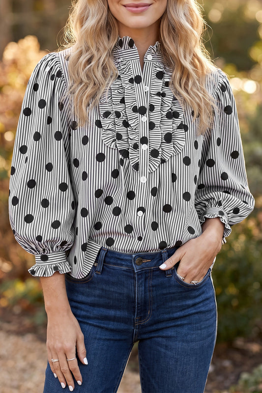 Fiery Red ka Dot Striped Print Ruffle Stand Neck 3/4 Sleeve Shift Shirt Black white 100%Polyester 24dd9b44787e83d4