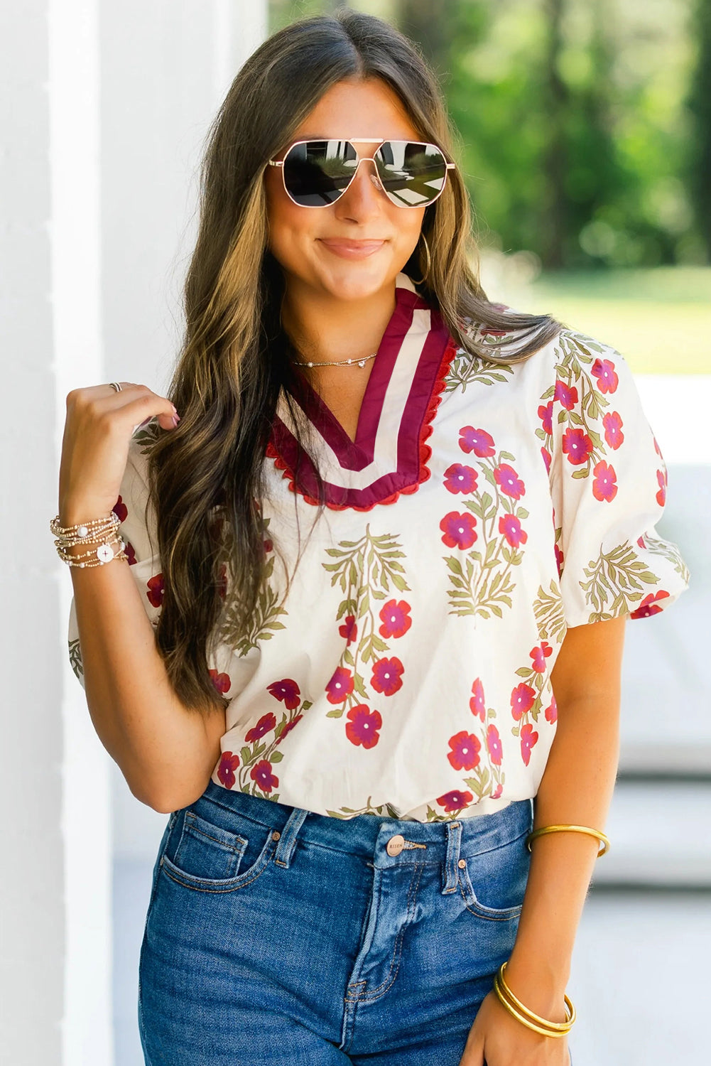 Black Floral Short Bubble Sleeve Contrast Slit Neckline Blouse 24de2a52af57669a