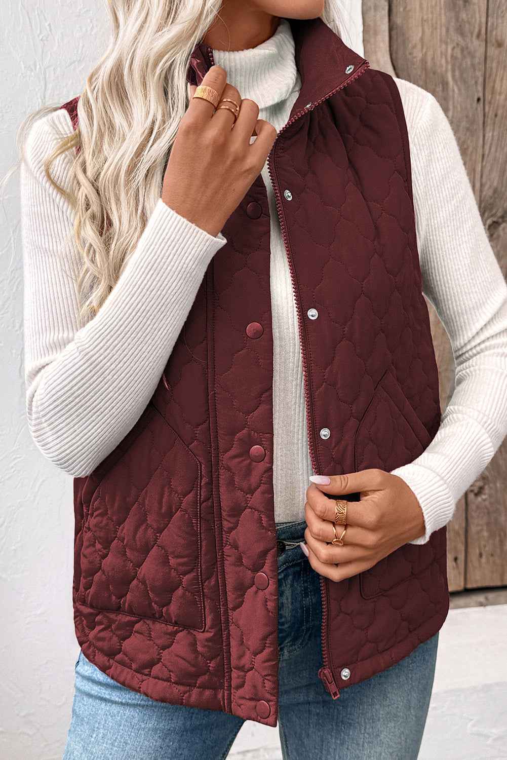 Dark Brown Flower Shape Quilted Snap Button Zip Up Winter Vest 24dea8e56b5e8b2f
