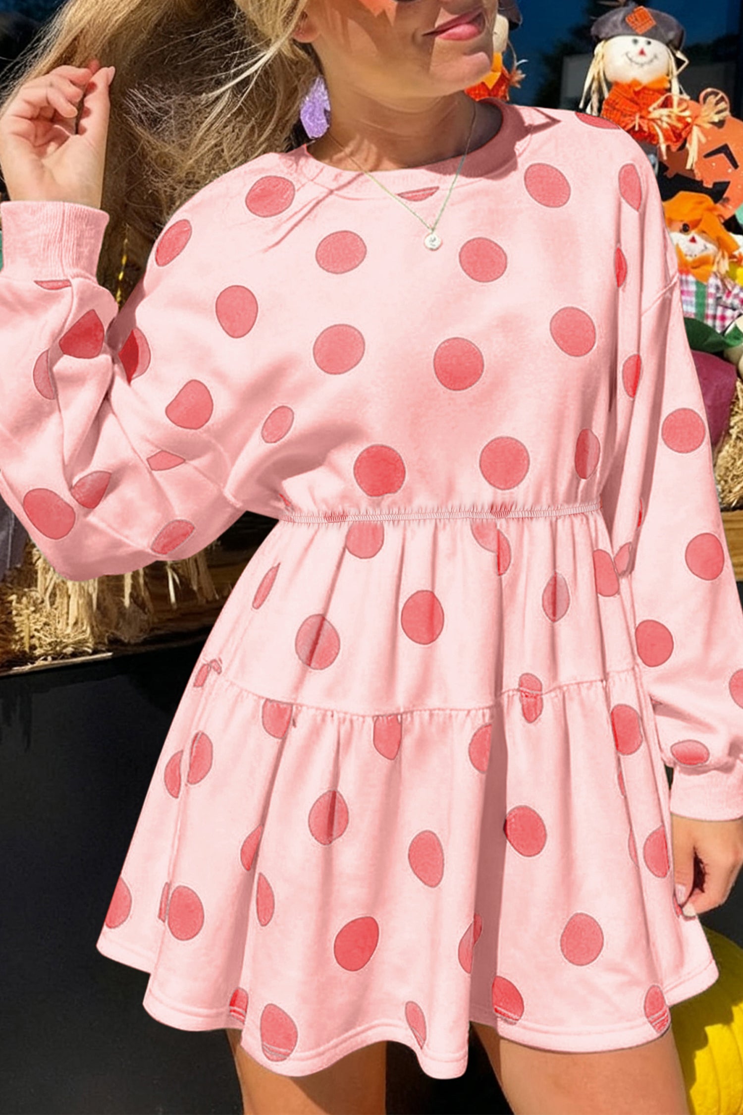 White Polka Dot Printed Long Sleeve Flared Mini Dress Pink 95%Polyester+5%Elastane 24e06a51da22e369