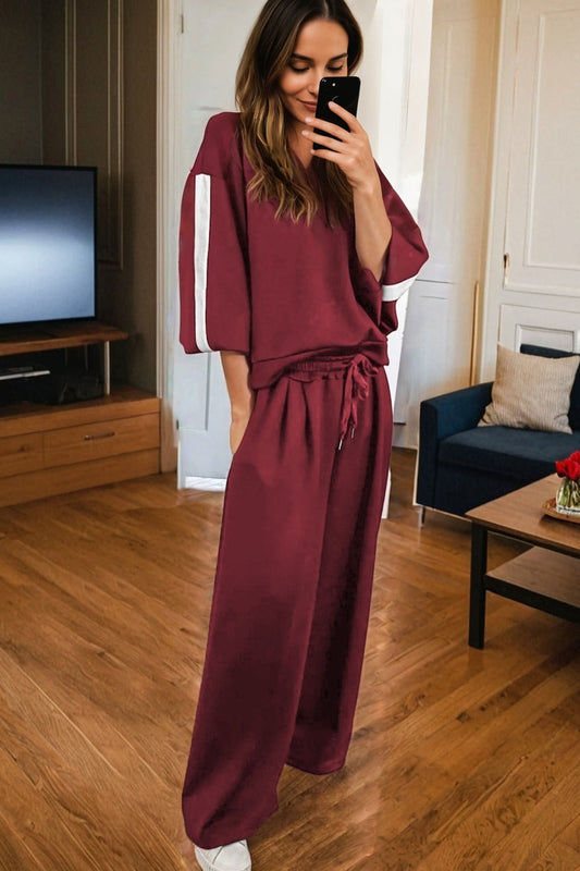 Burgundy Varsity Striped 3/4 Sleeve Pullover Drawstring Sweatpants Set 24ea9960bbf4cabc