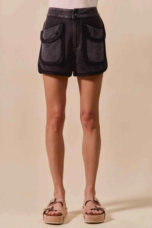 SO ME Mineral Washed Terry High Rise Cargo Shorts CHARCOAL BLACK 24edc2734aaf4d7882760f82a6fcacee-Max-Origin