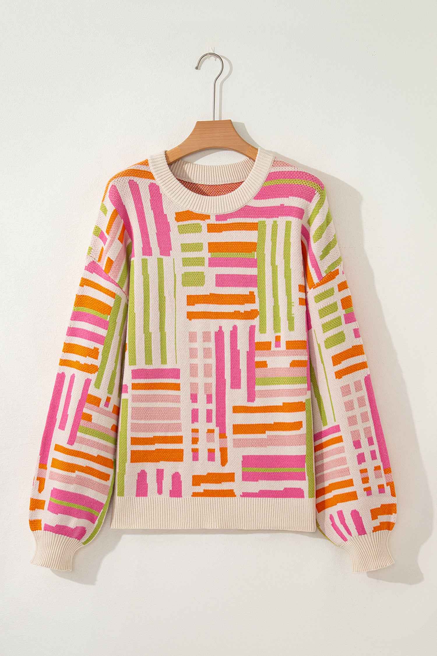 Rose Love Lines Pattern Crew Neck Puff Sleeve Sweater 24ef412646687256