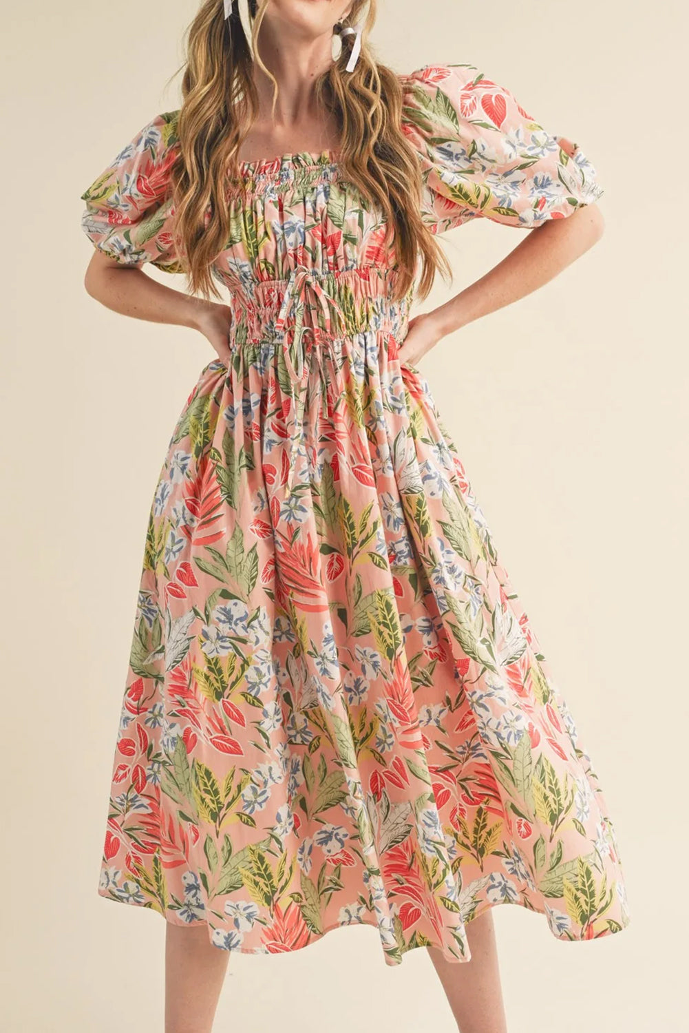 Apricot Pink Floral Knot Front Smocked Bubble Sleeve Dress Apricot Pink 24f2bab94d8f908f