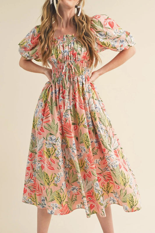 Apricot Pink Floral Knot Front Smocked Bubble Sleeve Dress Apricot Pink 24f2bab94d8f908f