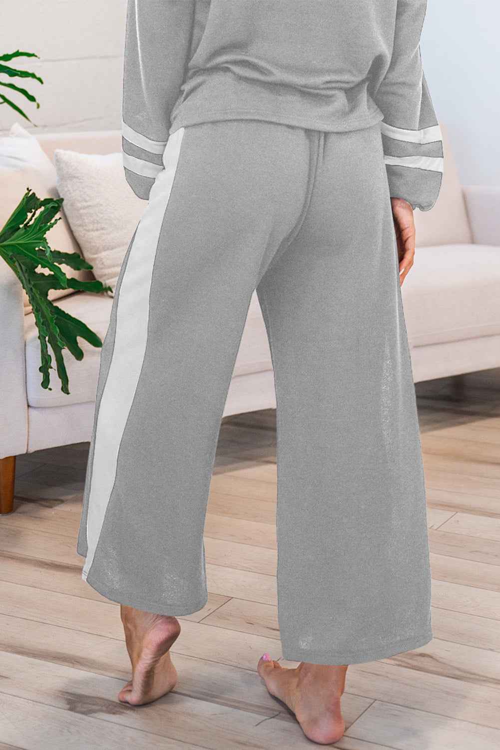 Mineral Red Varsity Stripe Patchwork Puff Sleeve Pullover Drawstring Wide Leg Pant Set 24fa1971ab33707d