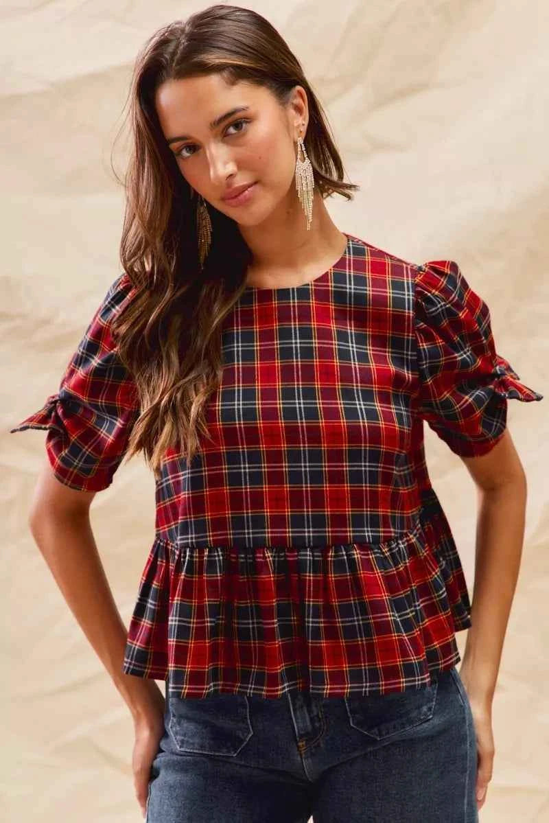 Christmas Holiday Plaid Ribbon Short Sleeves Top RED 24ff9076a7d64ab59bf7944379f2e884-Max-Origin
