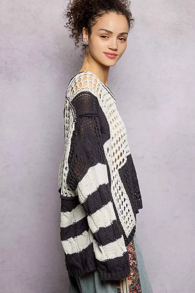 POL Color-Blocked Stripe Pattern Knit Top with Twisted Weave 2501d974-0fb5-4c66-86a5-fc54aea8c007-Max-Origin