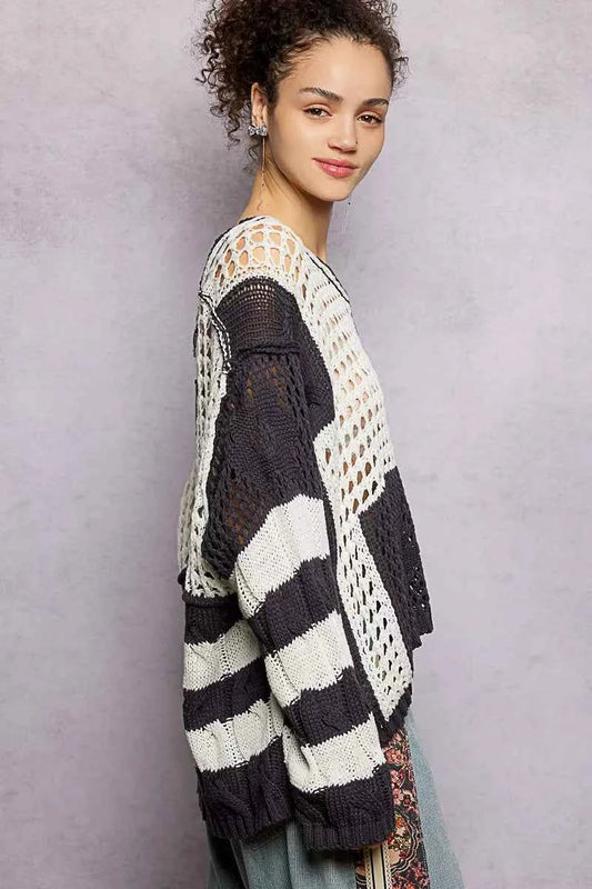 Color-Blocked Stripe Pattern Knit Top with Twisted Weave 2501d974-0fb5-4c66-86a5-fc54aea8c007-Max-Origin