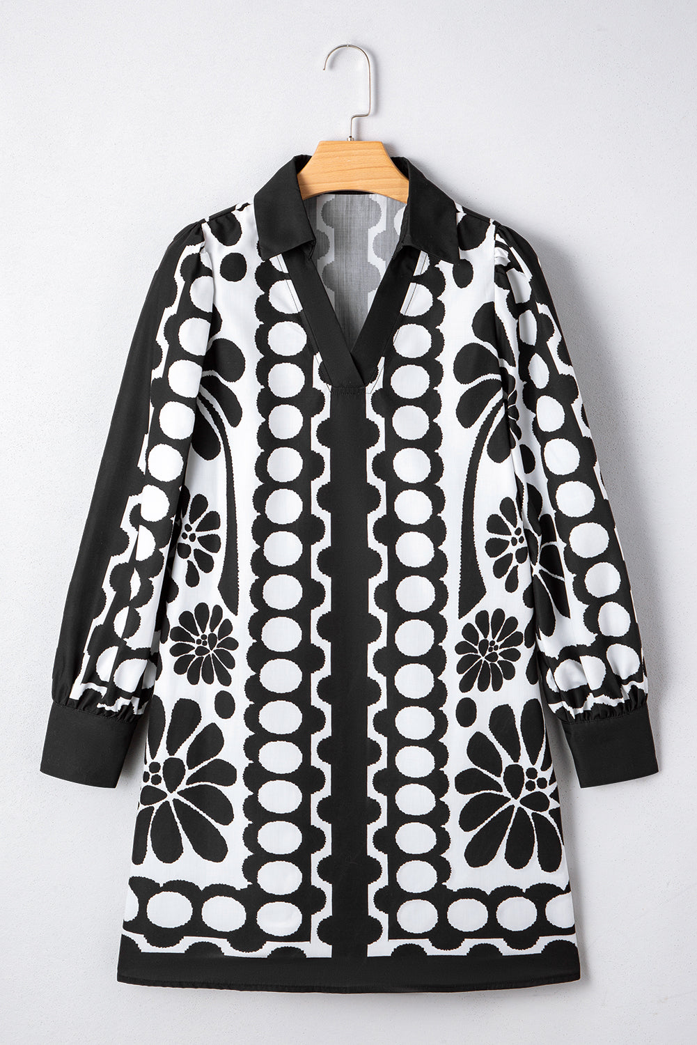 Black Abstract Print V Neck Puff Sleeve Mini Dress 250468fdc54d05d5