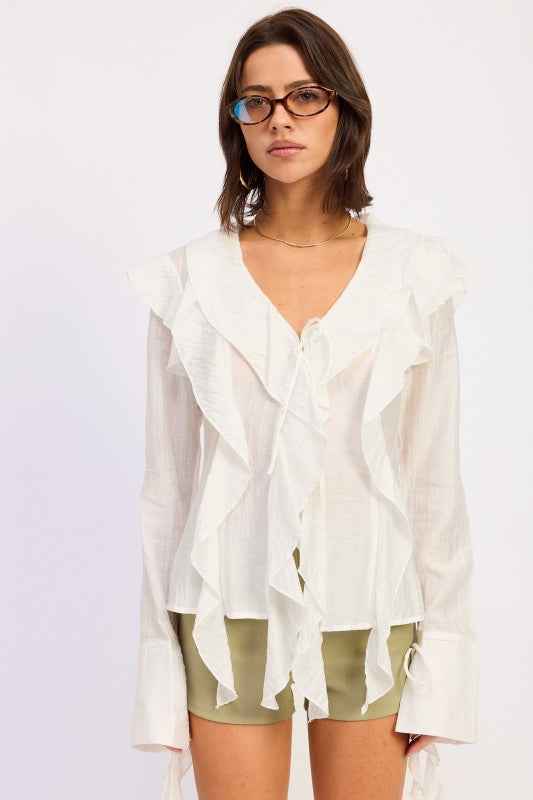 TIE FRONT RUFFLED TOP WHITE 25066277_01c06a62-0ba2-4164-987b-7d0138f75348